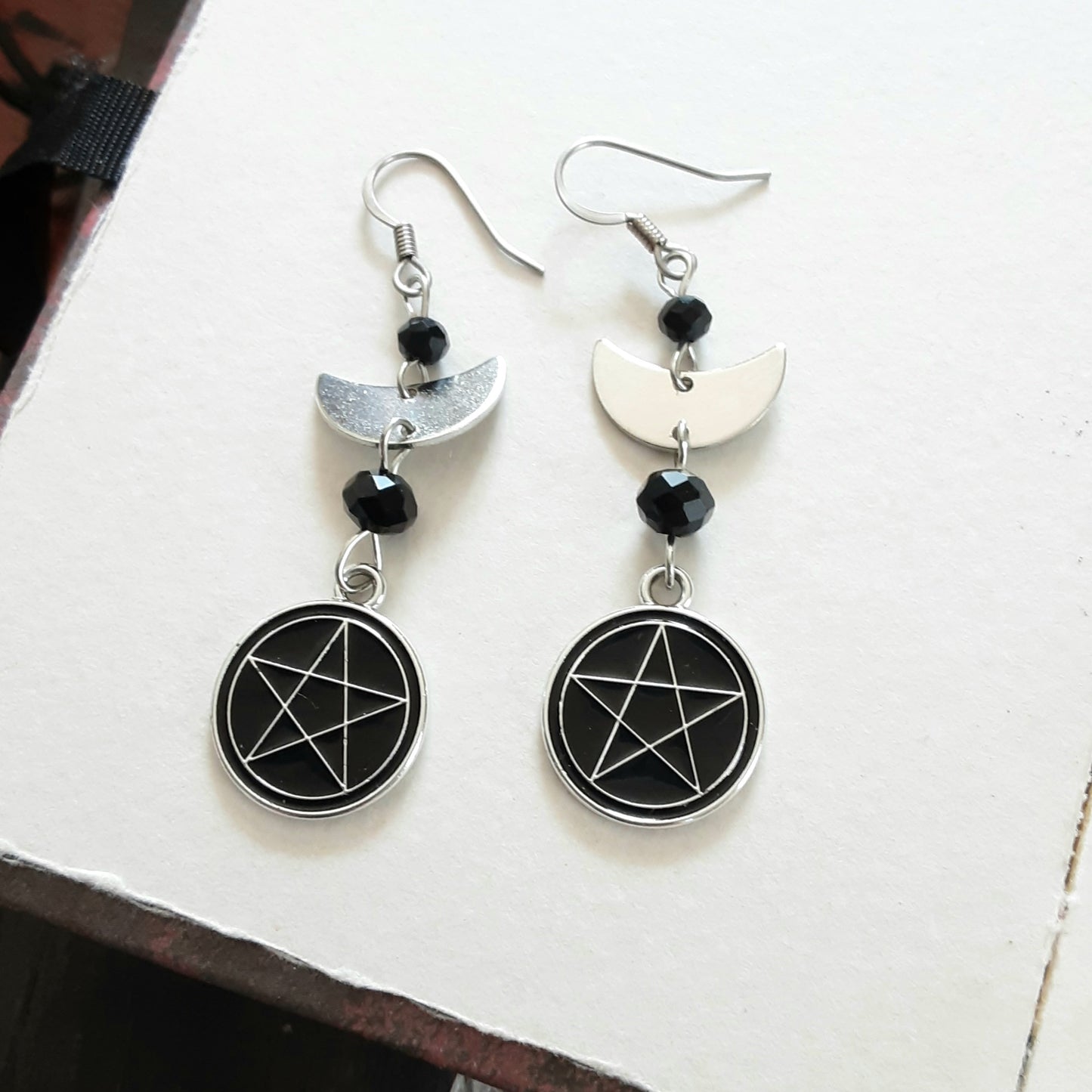 Pentacle and moon earrings with surgical steel hooks