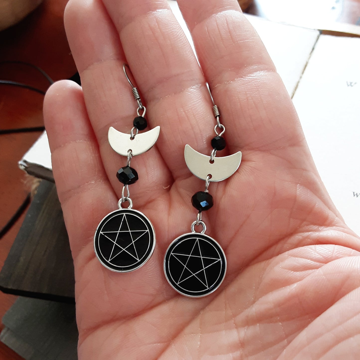 Pentacle and moon earrings with surgical steel hooks