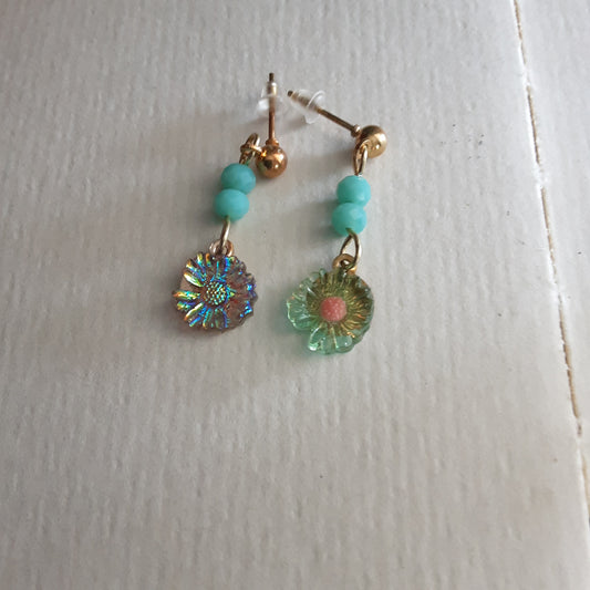 Gold and AB blue flower earrings