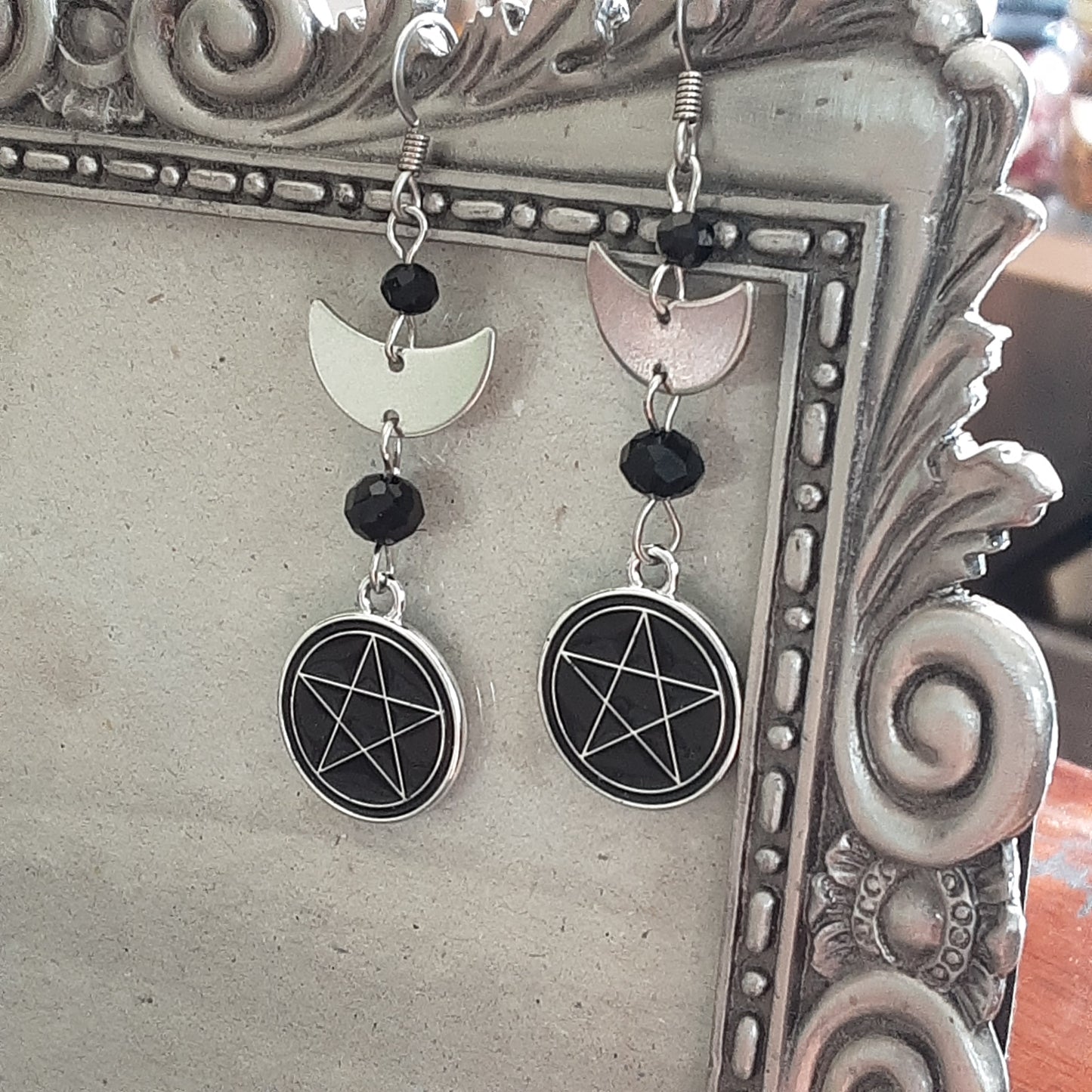 Pentacle and moon earrings with surgical steel hooks