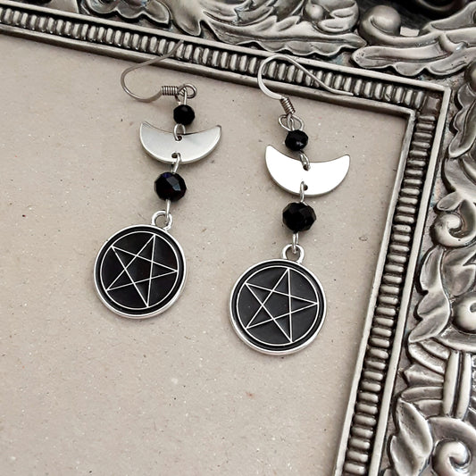 Pentacle and moon earrings with surgical steel hooks