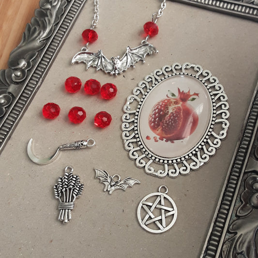 Persephone altar decor set with Bat necklace