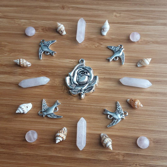 Aphrodite altar decor, crystal grid