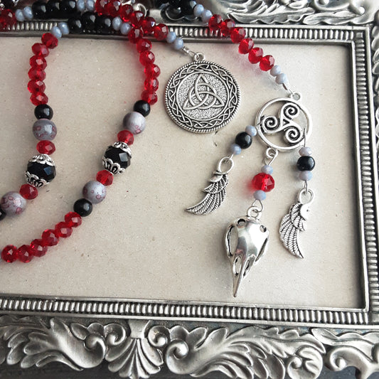 The Morrigan prayer beads with red crystals