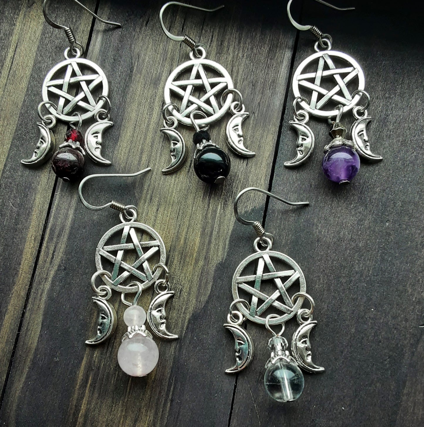 Pentacle earrings with gemstone and moons-silver