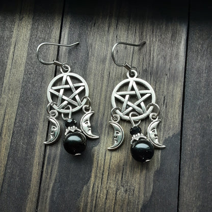 Pentacle earrings with gemstone and moons-silver