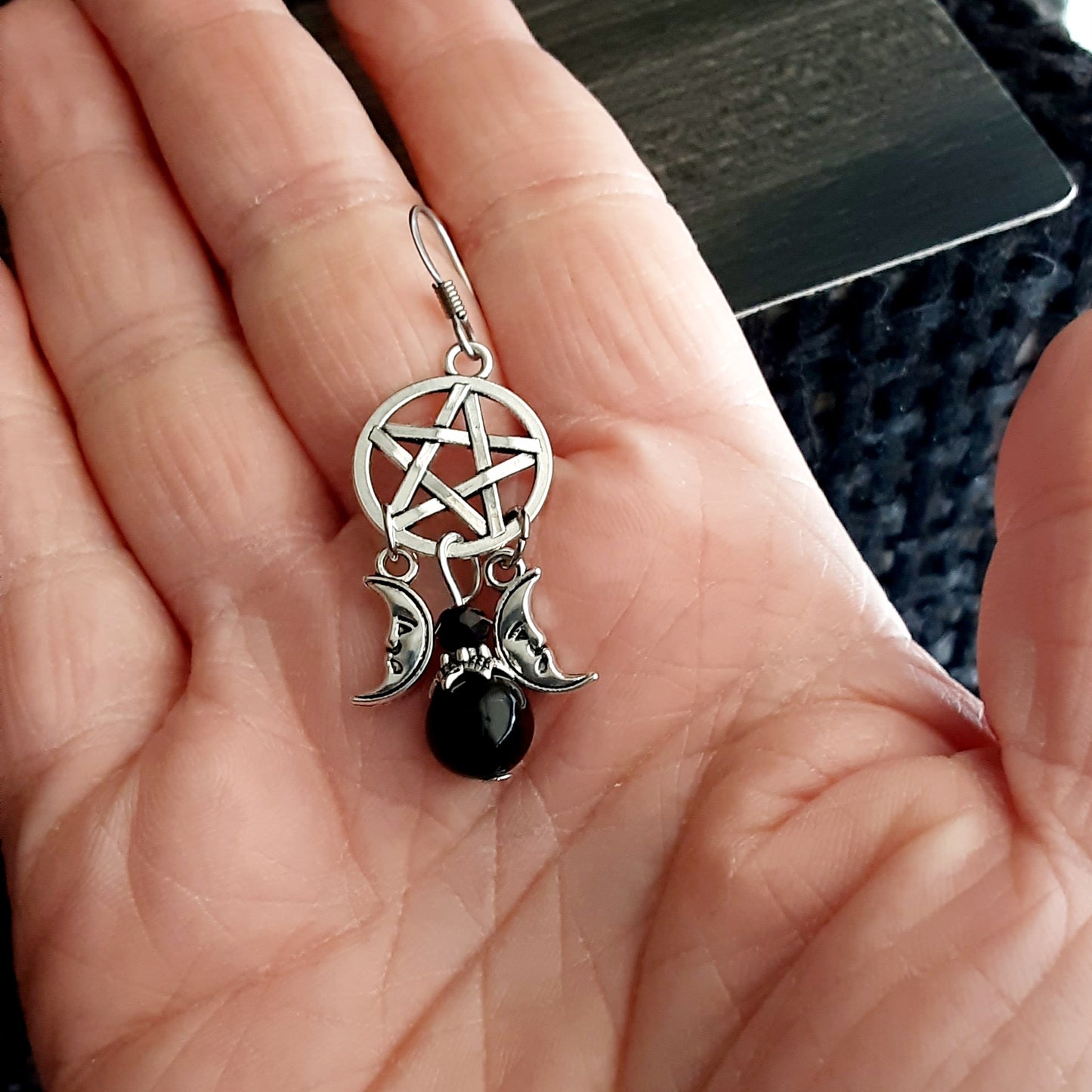 Pentacle earrings with gemstone and moons-silver