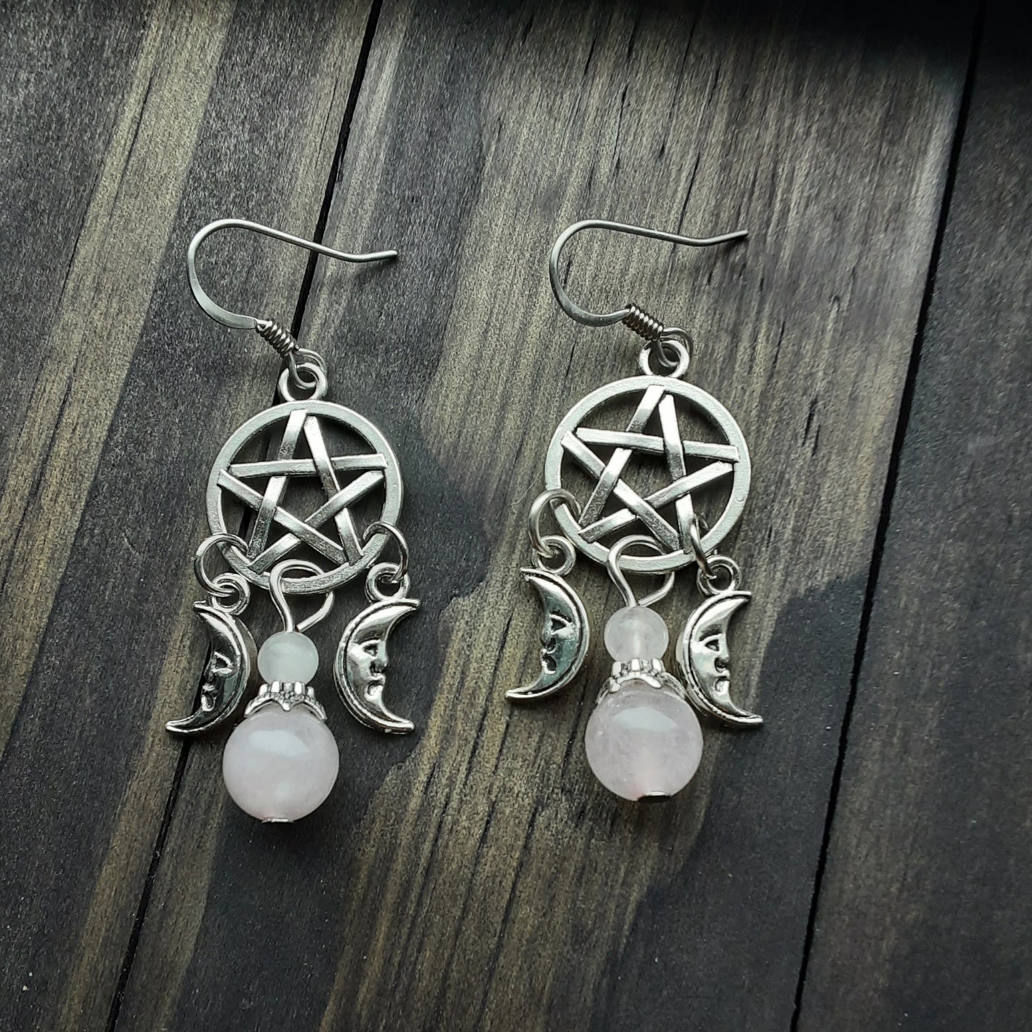 Pentacle earrings with gemstone and moons-silver