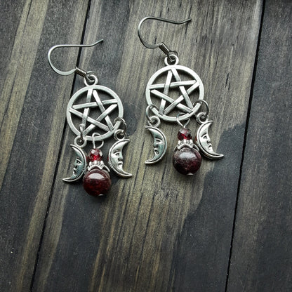 Pentacle earrings with gemstone and moons-silver