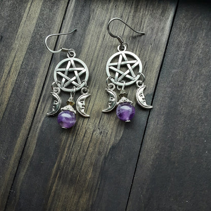 Pentacle earrings with gemstone and moons-silver