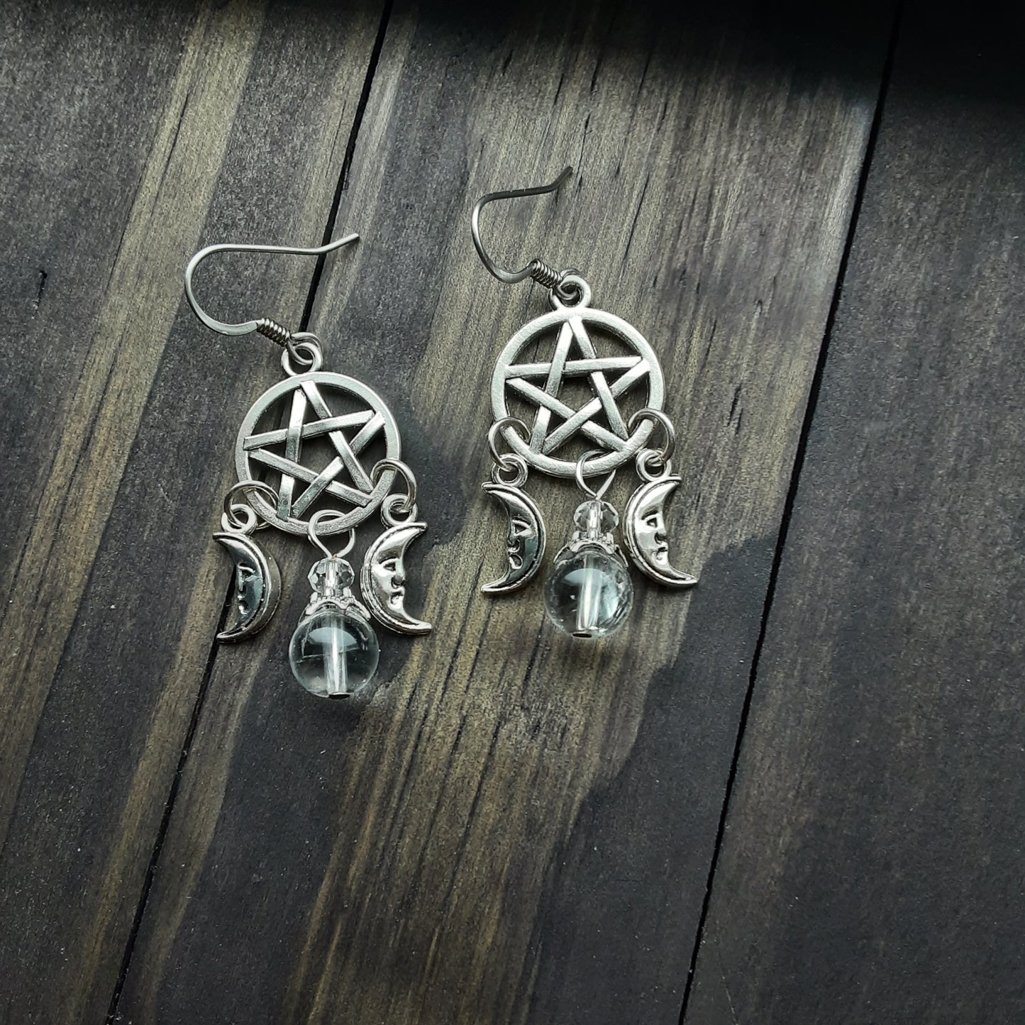 Pentacle earrings with gemstone and moons-silver