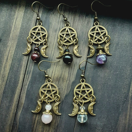 Pentacle earrings with gemstone and moons-bronze