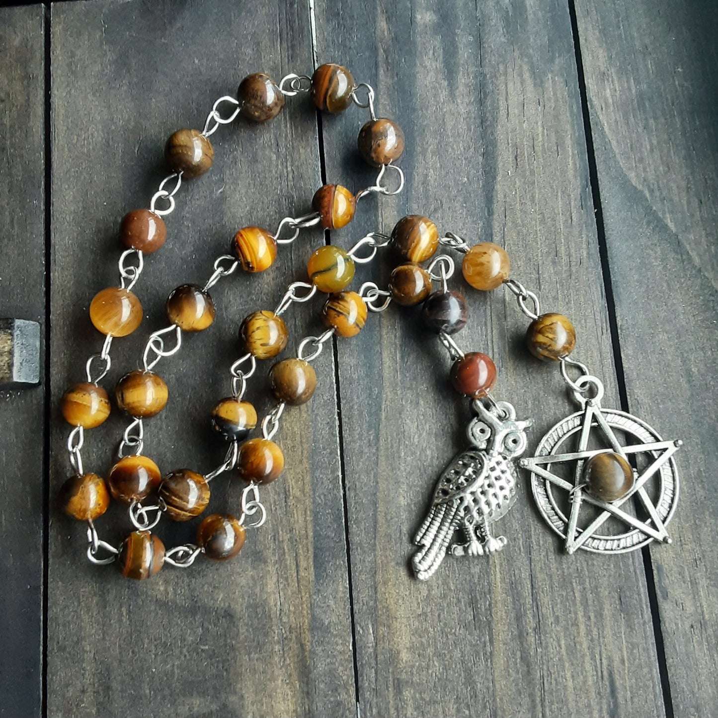 Athena prayer beads with Tiger Eye beads