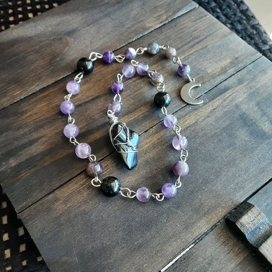 Amethyst and Obsidian prayer beads, Stainless steel