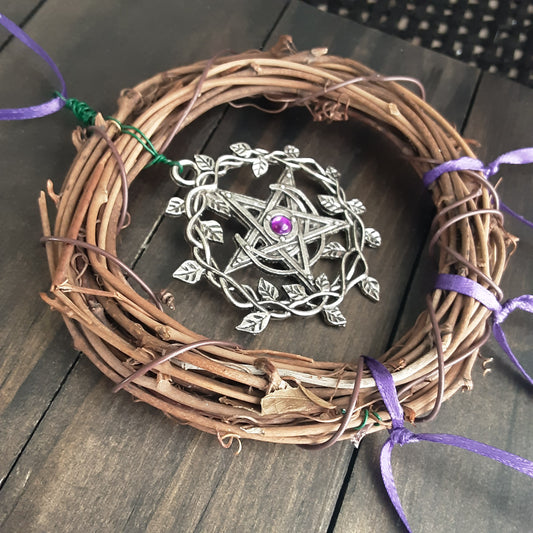 Purple pentacle and wreath witch bells