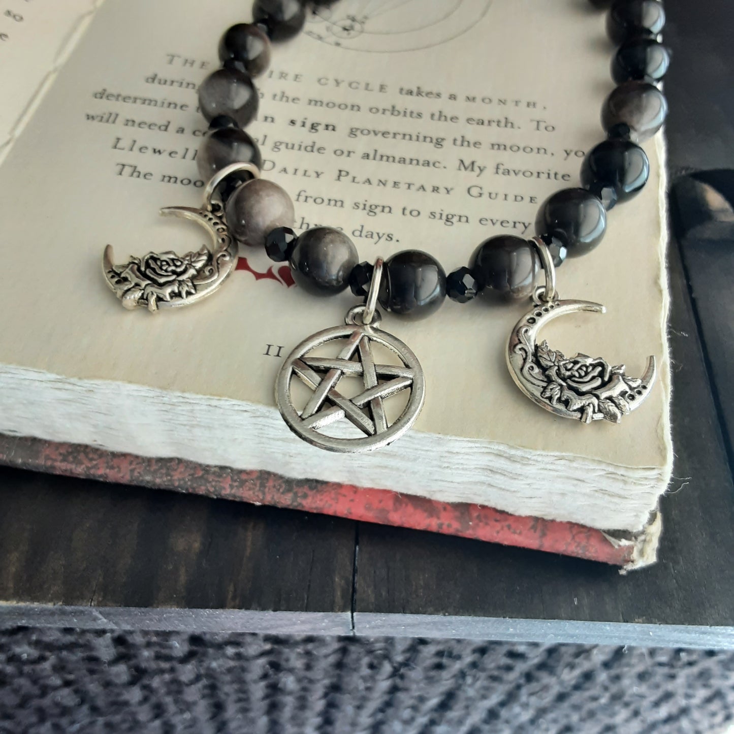 Triple Moon Goddess bracelet with Obsidian