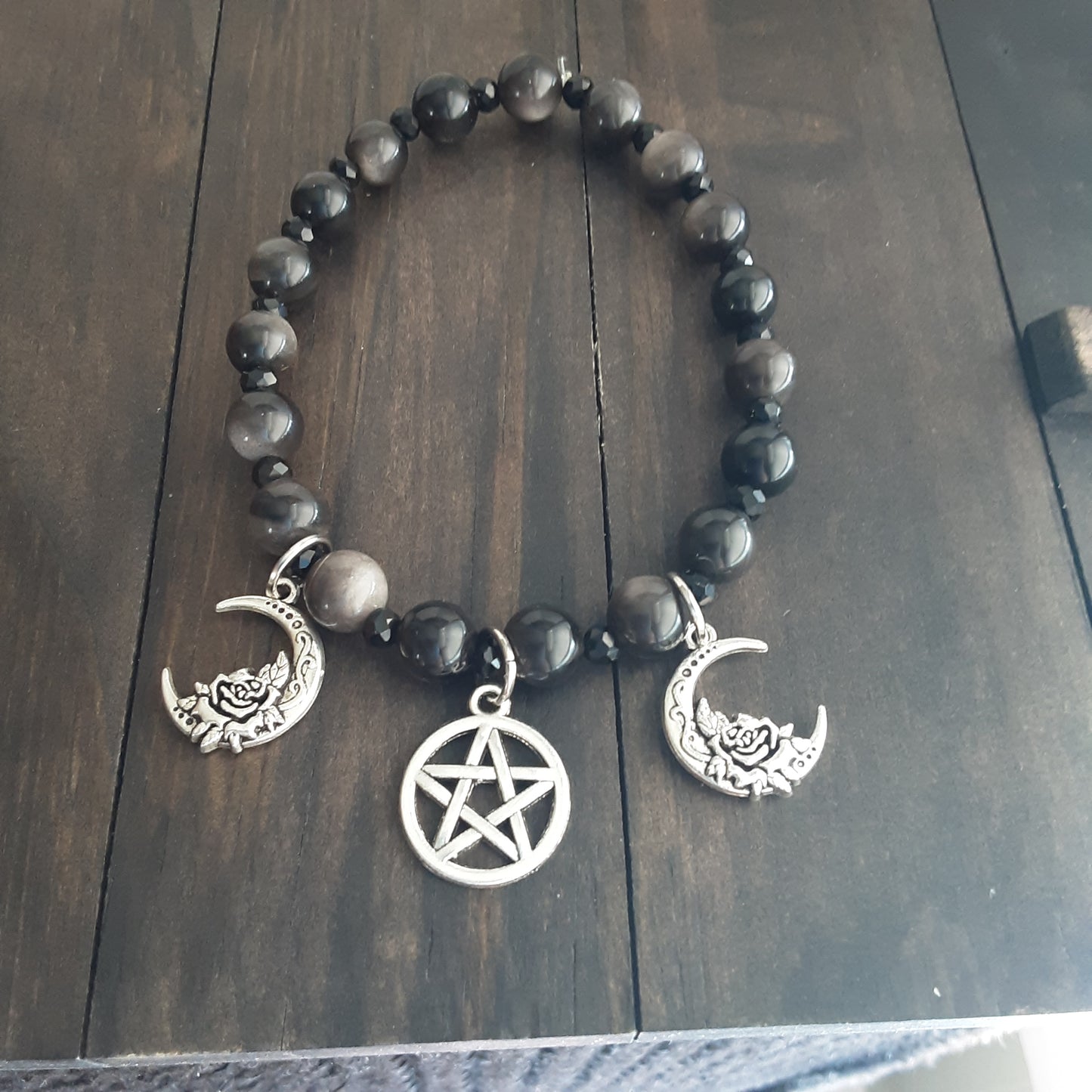 Triple Moon Goddess bracelet with Obsidian