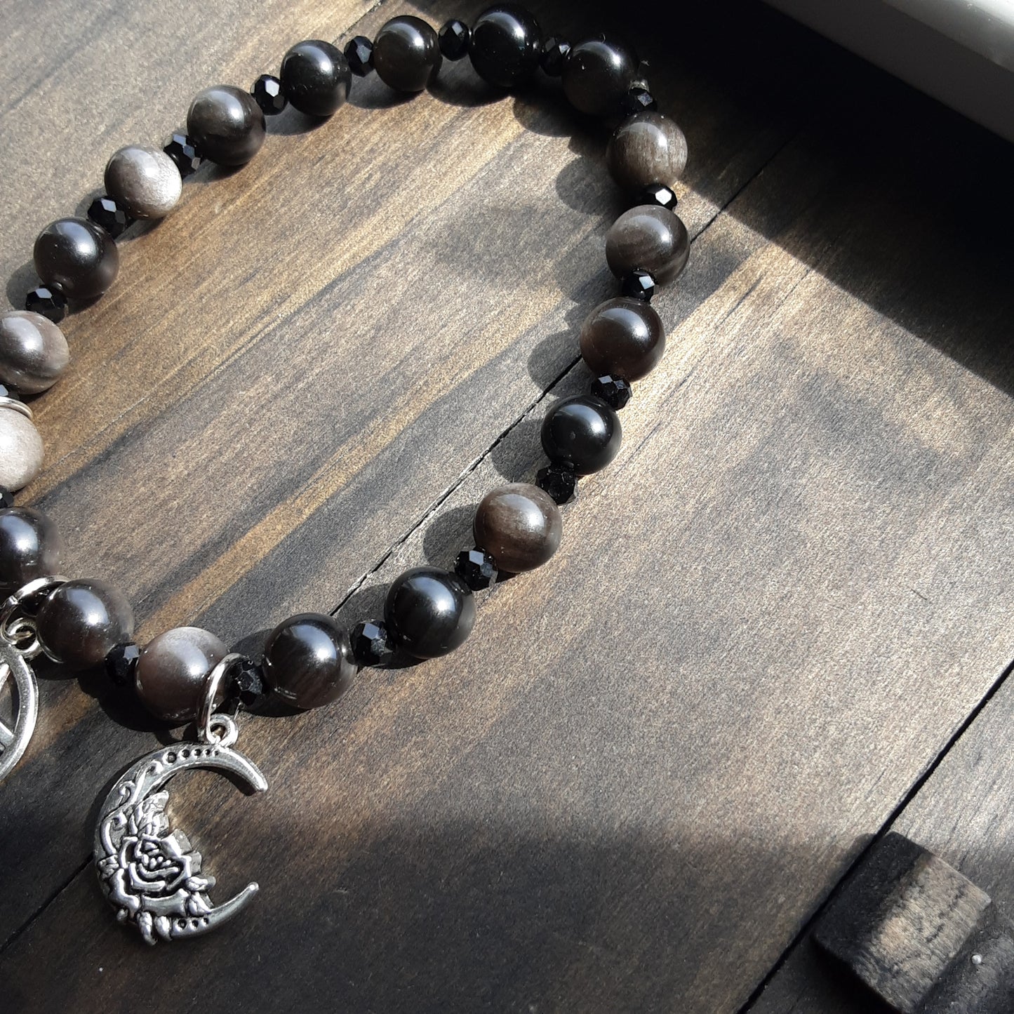 Triple Moon Goddess bracelet with Obsidian