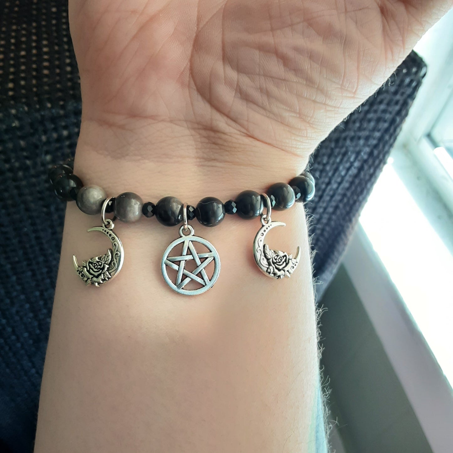 Triple Moon Goddess bracelet with Obsidian
