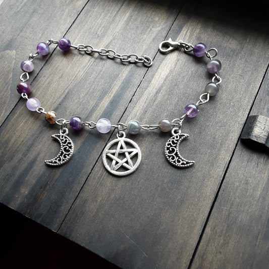 Triple Moon Goddess bracelet with Amethyst