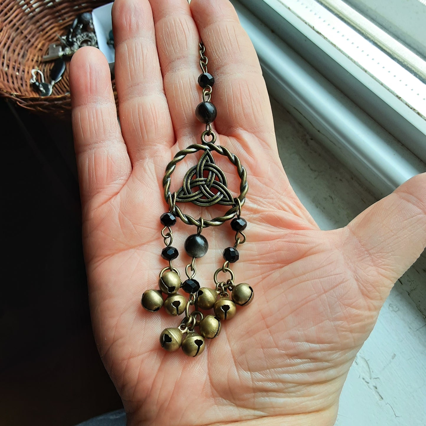 Triquetra witch bells with Obsidian