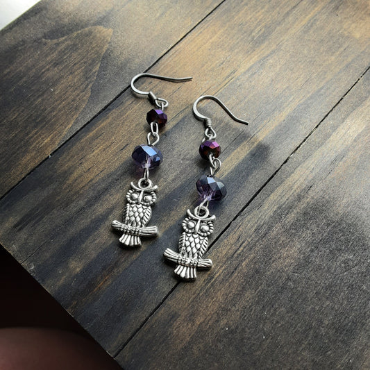 Owl earrings with purple crystal