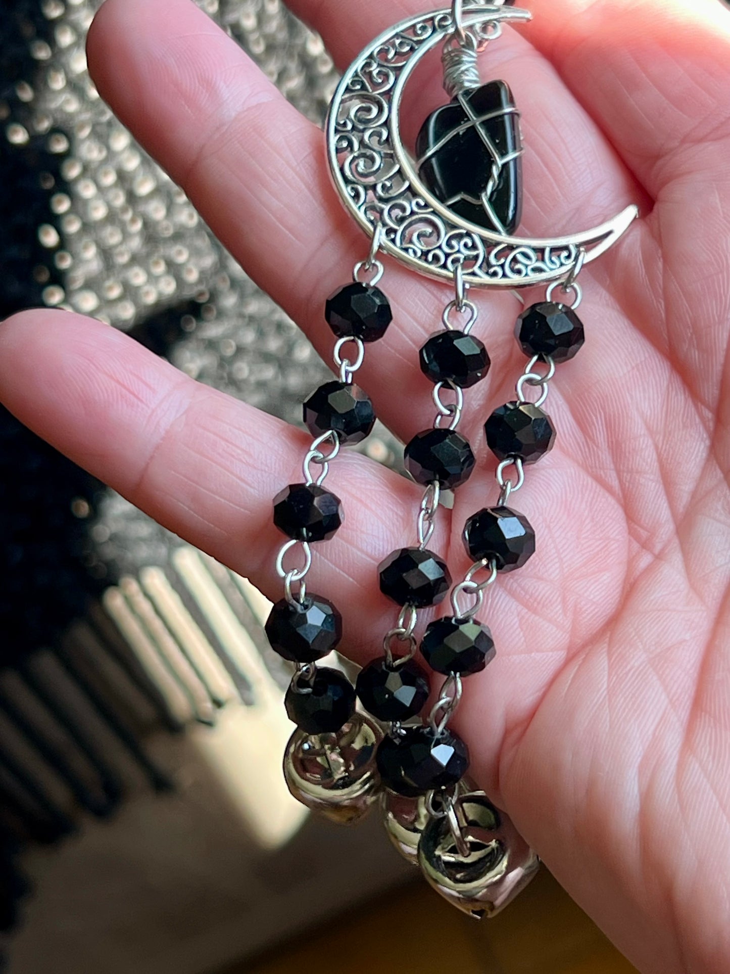 Obsidian and black crystal witch bells
