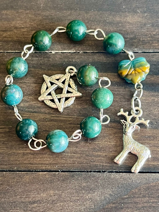 Evergreen- Deer prayer beads with Moss Agate, please read