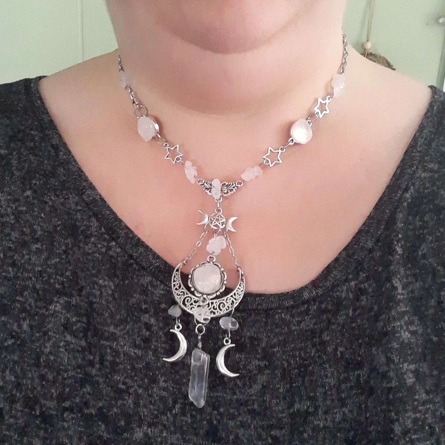 Hekate Choker Necklace Triple Moon Goddess Clear Quartz Maximalist style Statement necklace Witchy Jewelry Pagan Adjustable plus size choker