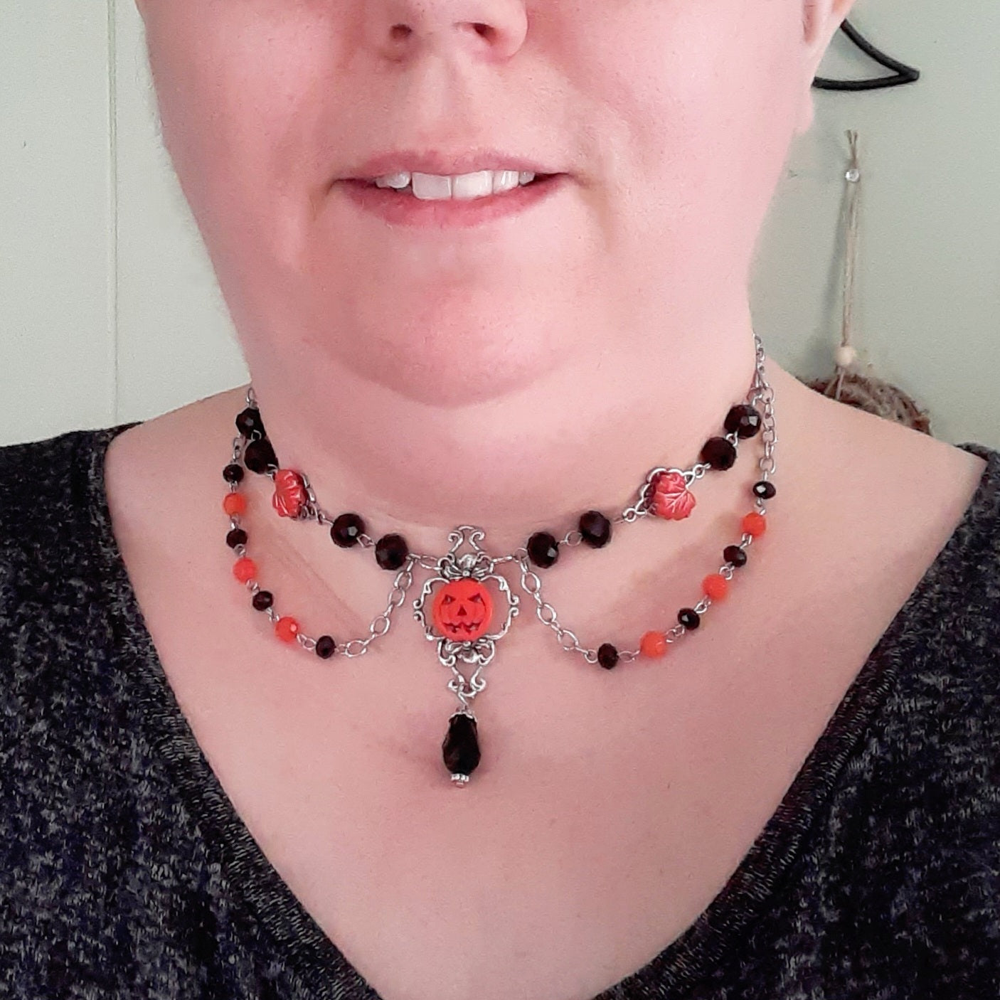 Jack O Lantern choker necklace Plus size adjustable Pumpkin necklace Orange and black beaded Gothic choker necklace