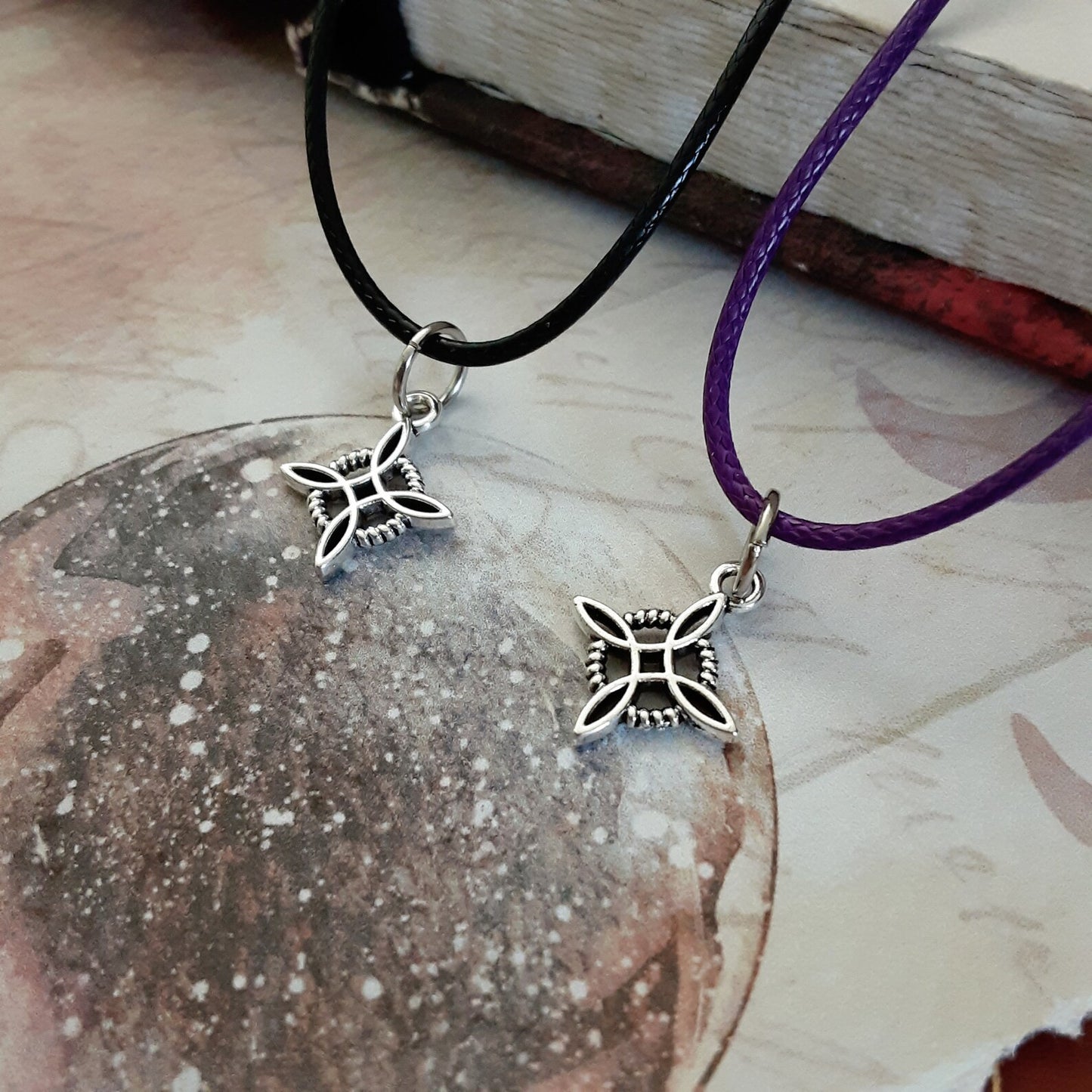 Witches Knot Protection Amulet Necklace Small dainty pendant, Pagan Witch Accessory, Choose Black or Purple cord, Magic Jewelry Minimalist