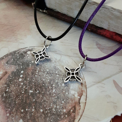 Witches Knot Protection Amulet Necklace Small dainty pendant, Pagan Witch Accessory, Choose Black or Purple cord, Magic Jewelry Minimalist