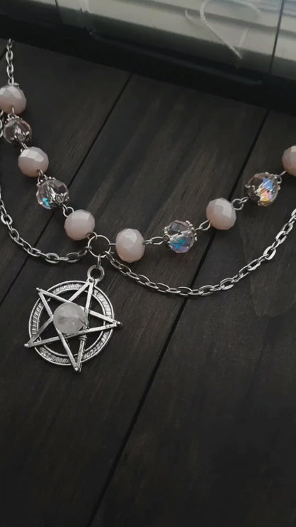 Rose Quartz and pink crystal pentacle necklace, Adjustable Pagan Jewelry