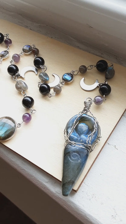 Labradorite Goddess prayer ladder in stainless steel