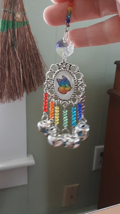 Rainbow butterfly witch bells wall hanging