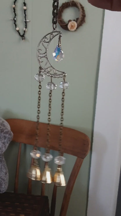 Witch bells Moon Suncatcher with crystal and gold bells