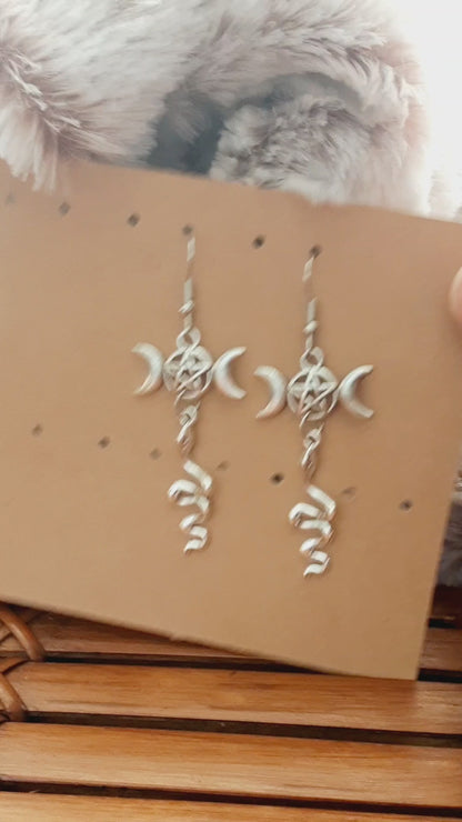 Hekate earrings Snake and Triple Moon Goddess