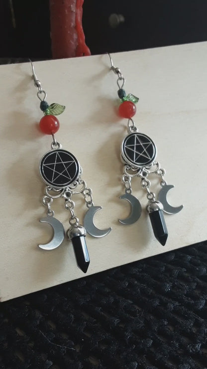 Lilith earrings with apples, Obsidian, moons and pentacles