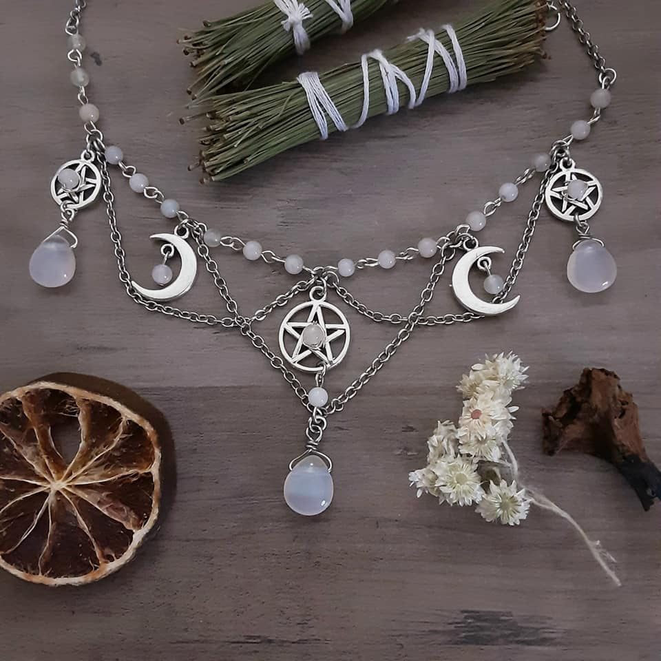 Quartz Pentacle and Moon Necklace Witchy Necklace Chain detailed Wedding Ren Faire