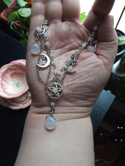 Pagan Wedding Necklace with Pentacles and Quartz beads Gothic style Adjustable Plus size choker
