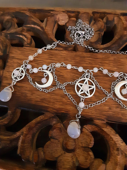 Quartz Pentacle and Moon Necklace Witchy Necklace Chain detailed Wedding Ren Faire