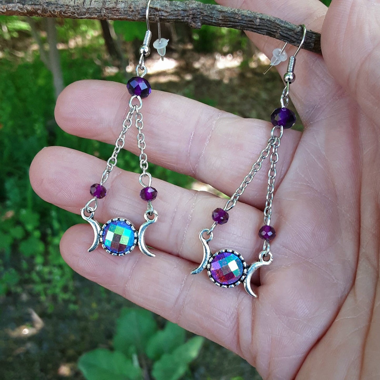 Hekate Earrings Chandelier Triple Moon Goddess Purple crystal detailed Witchy Jewelry Pagan Gift idea