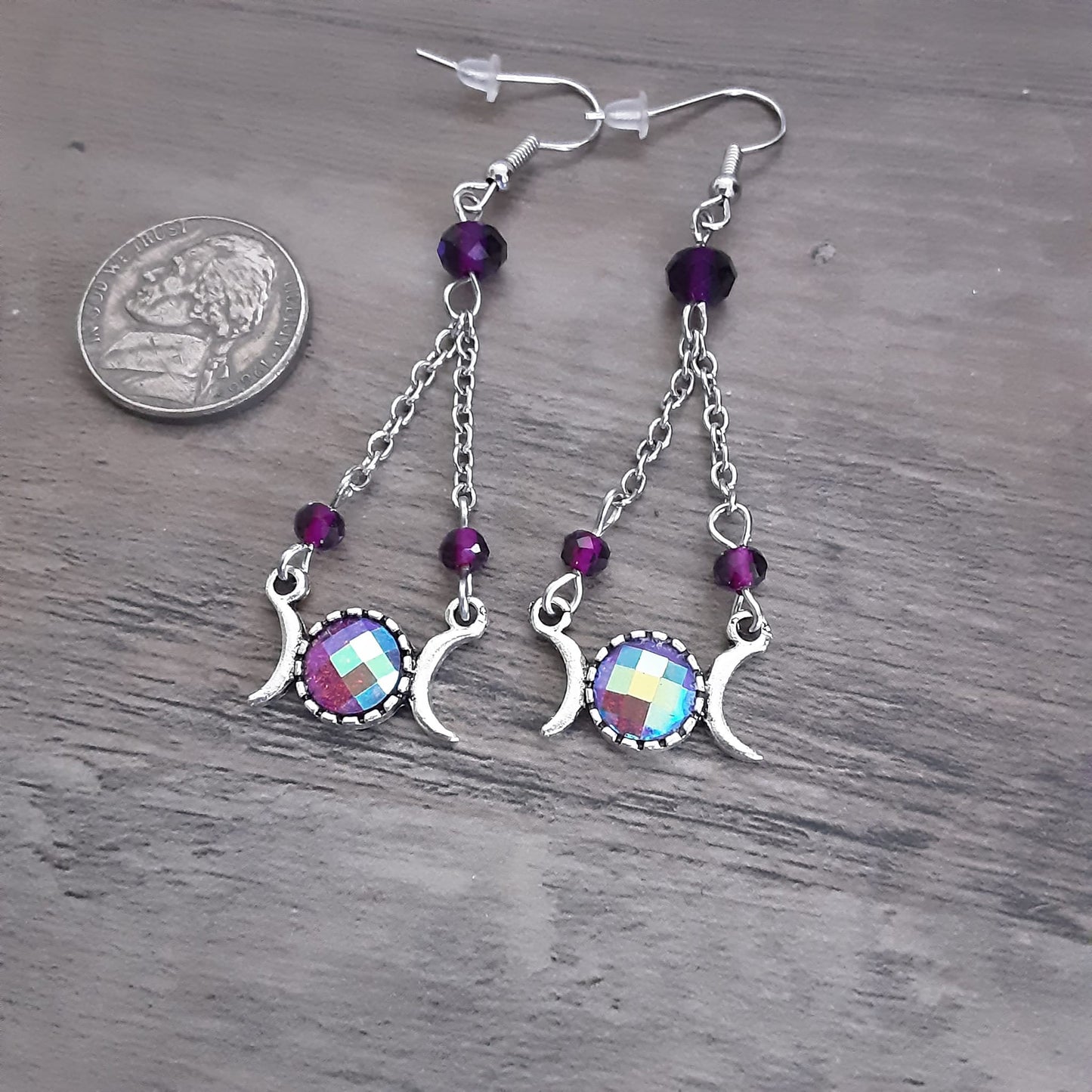 Triple Moon Goddess AB Purple Dangle Chandelier Earrings- One of a kind