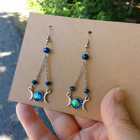 Triple Moon Goddess AB Blue Dangle Chandelier Earrings- One of a kind