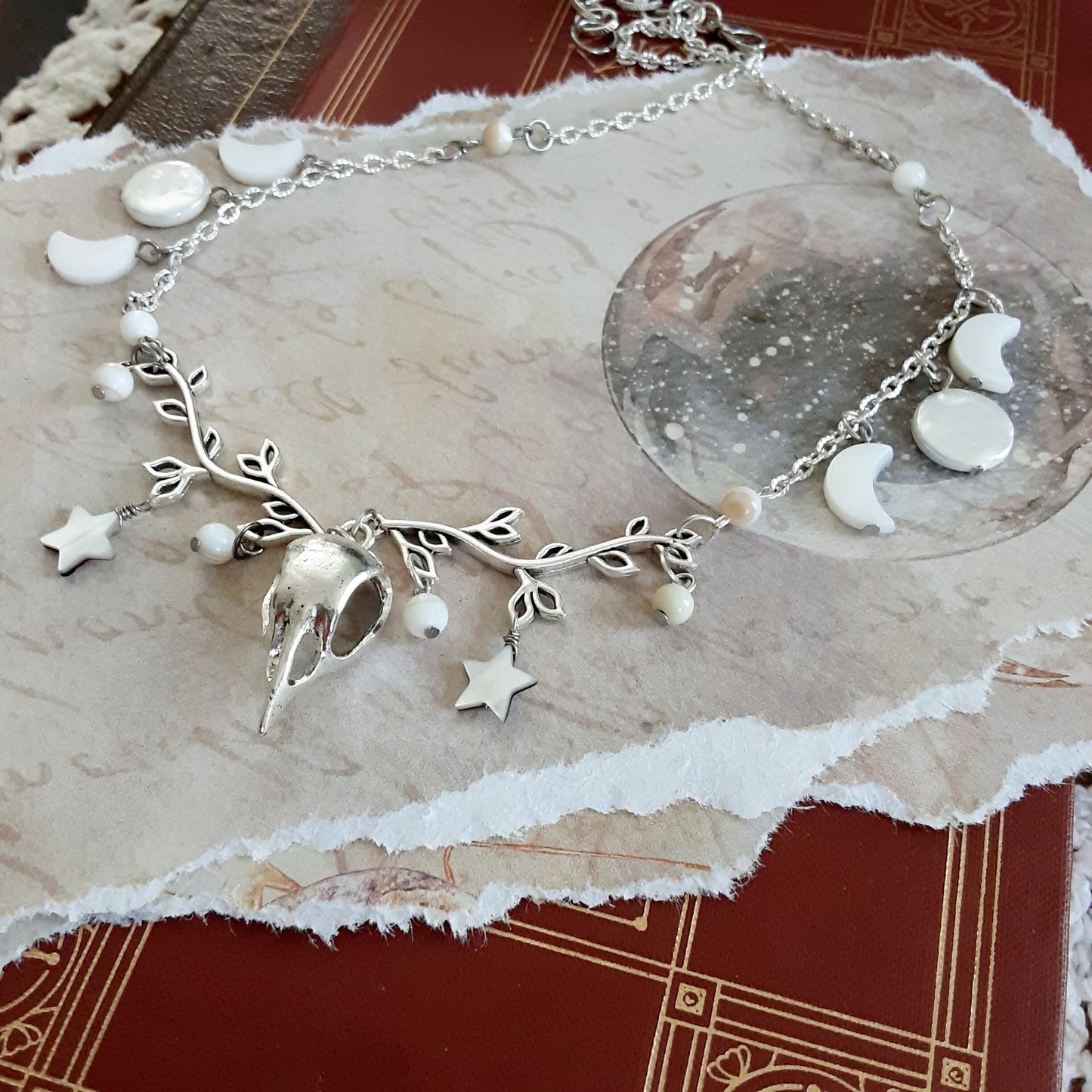 Stag Raven Antler Necklace set, Horned God Full Moon Gothic Occult Jewelry Witchy Star and Moon Phases, Triple Moon Goddess