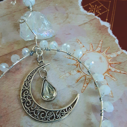Unique Suncatcher Crescent Moon Sparkly home decor Aura Quartz Crystal hanger Witchy Vibes, Celestial Core, Gift idea