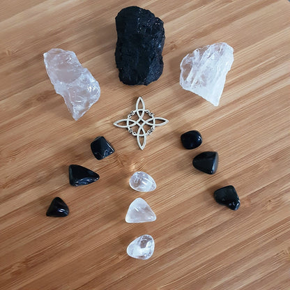 Protection Crystal Gift Set,  Obsidian, Clear Quartz and Black Tourmaline raw crystals with Witch knot magic amulet, Make your own grid