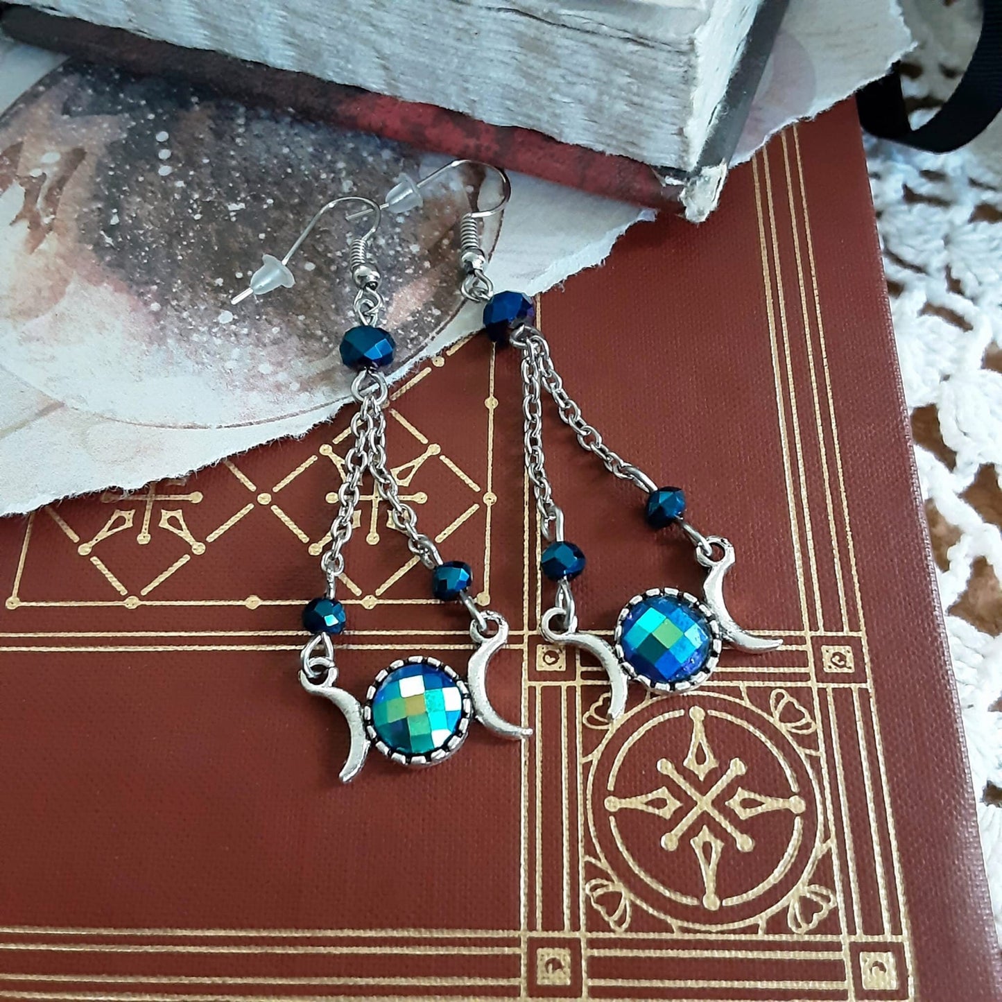 Hekate Earrings Chandelier Triple Moon Goddess Blue crystal detailed Witchy Jewelry Pagan Gift idea