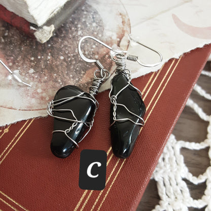Obsidian dangle earrings Wire wrapped Stainless Steel Tumble gemstones Protection Magic Jewelry Gift idea