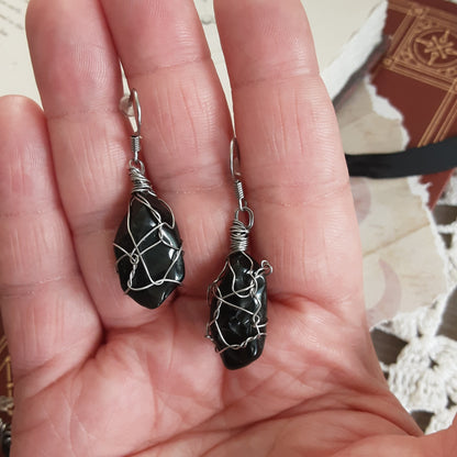 Obsidian dangle earrings Wire wrapped Stainless Steel Tumble gemstones Protection Magic Jewelry Gift idea